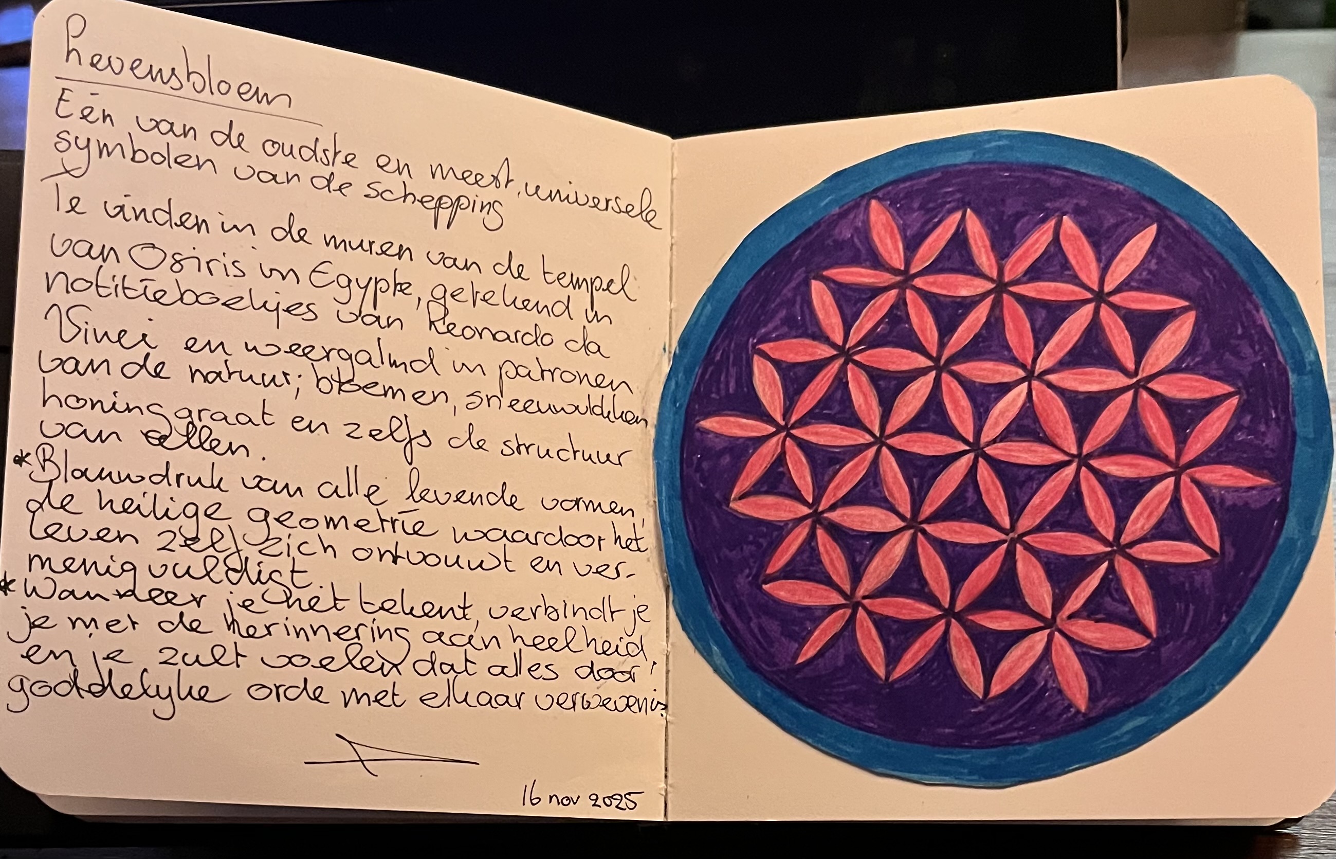 Hand-painted Flower of Life mandala in coral and purple with reflective notes
