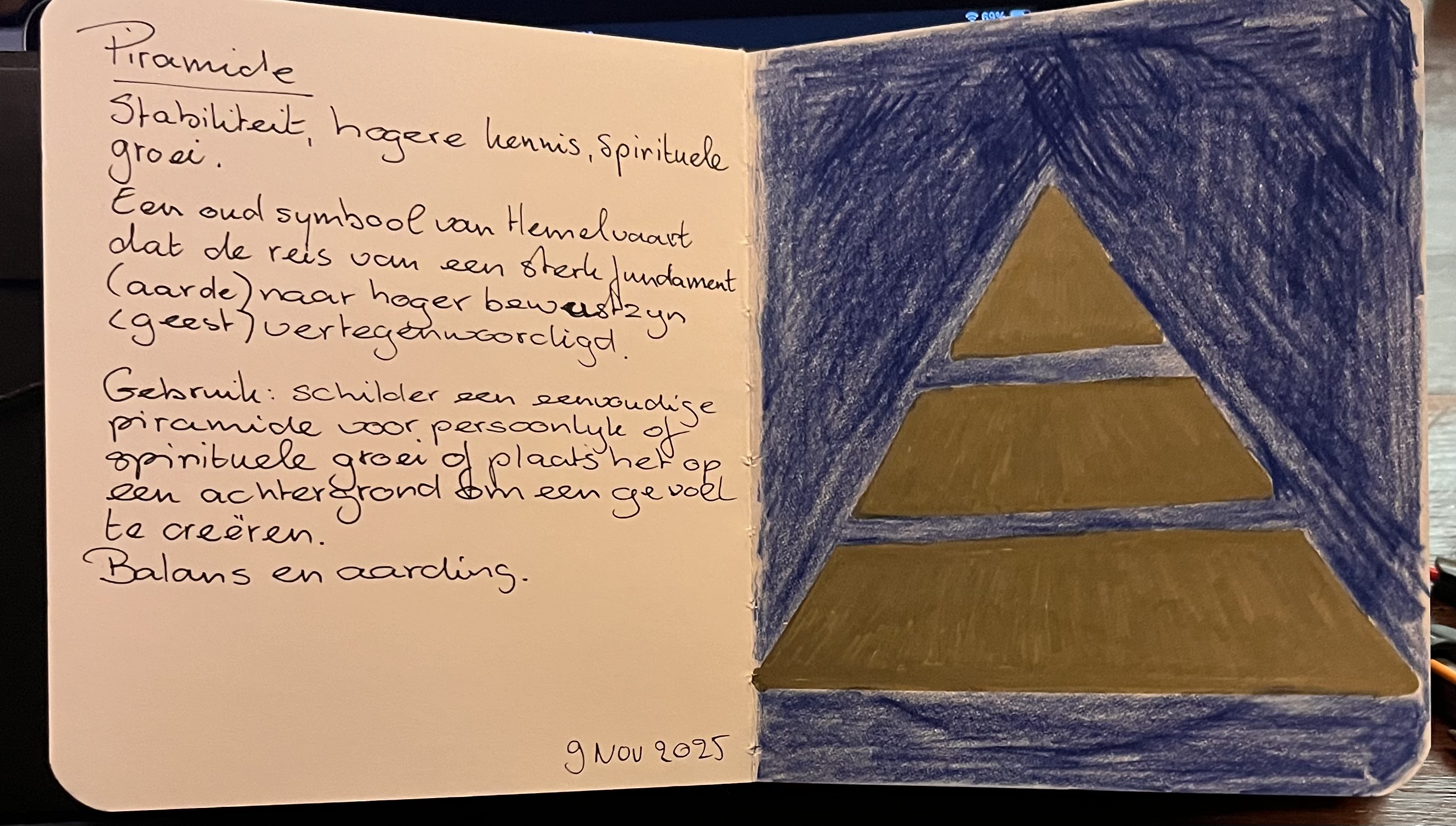 Hand-painted golden pyramid on deep blue with notes on stability and growth