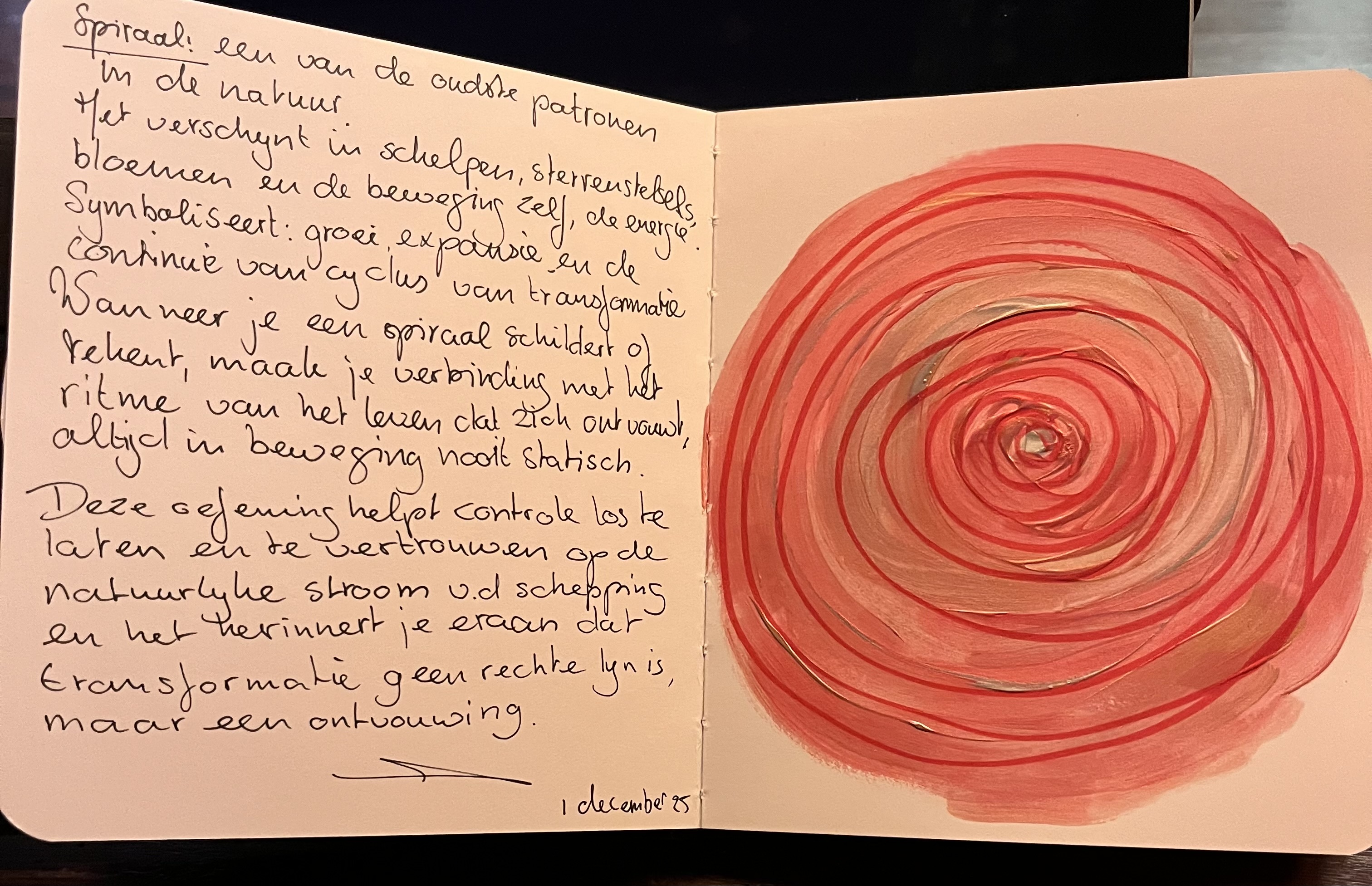 Hand-painted red spiral symbol with reflective notes on transformation