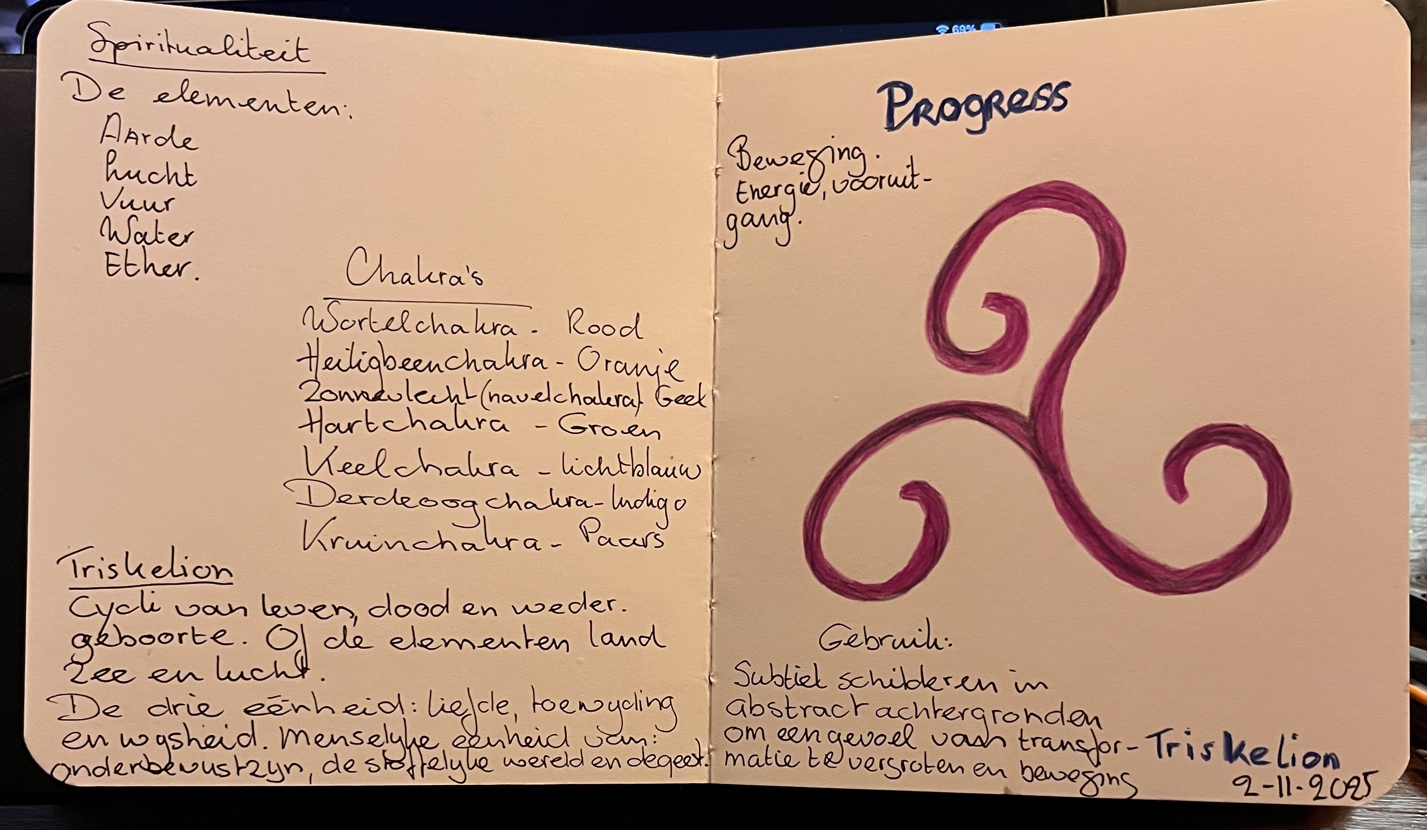 Hand-painted magenta triskelion symbol with notes on the elements and chakras